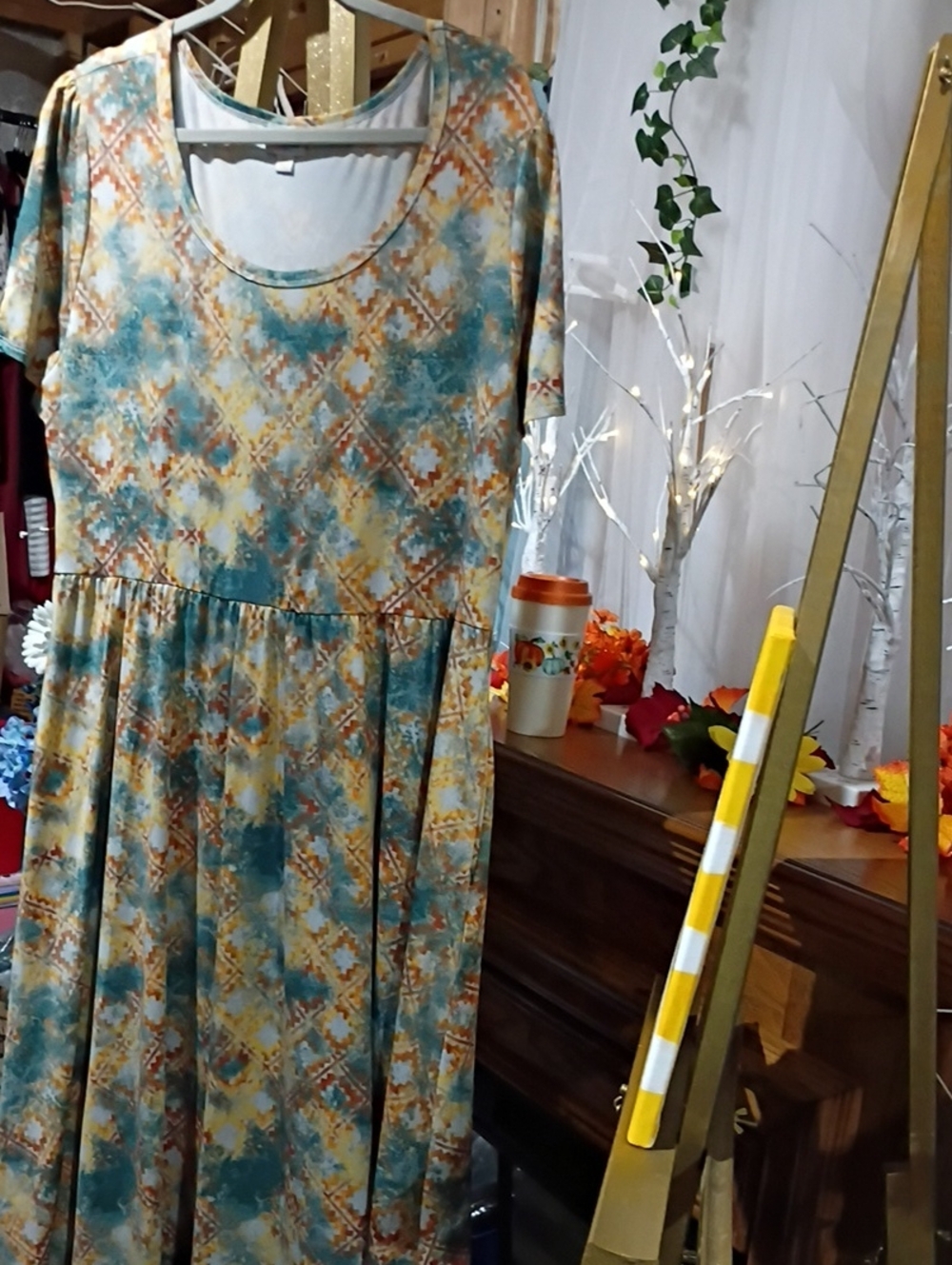 LuLaRoe Teal and Mustard Patterned Midi Scoop Neck Dress